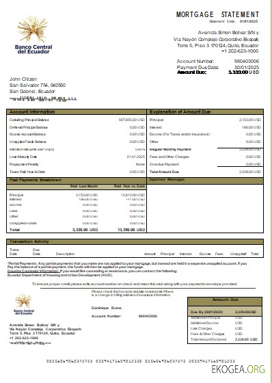 Équateur Banque centrale de l'Équateur relevé d'hypothèque bancaire scr